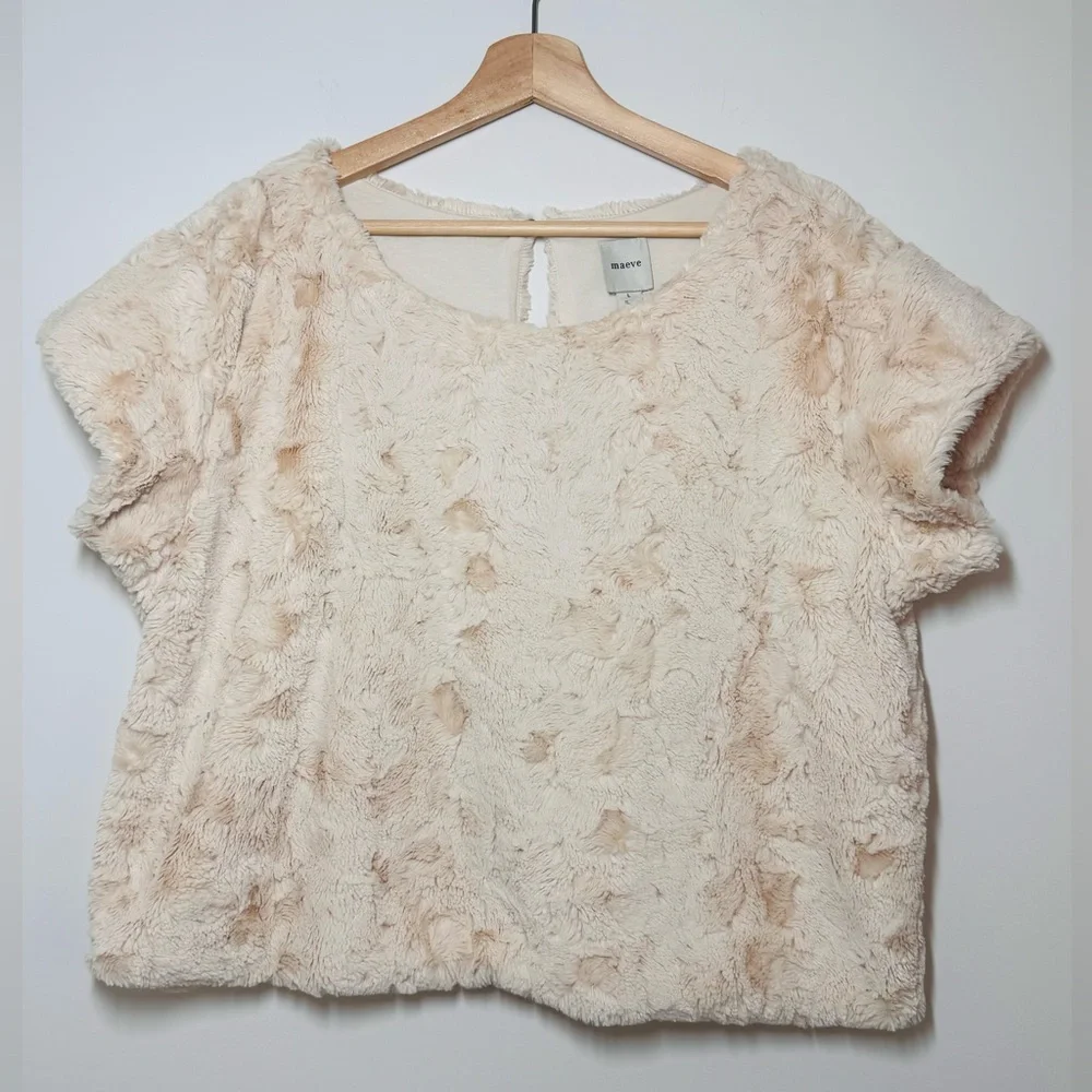 MAEVE @ ANTHROPOLOGIE Faux Fur Short Sleeve Tee, Cream, Size Large NWT - Picture 4 of 12